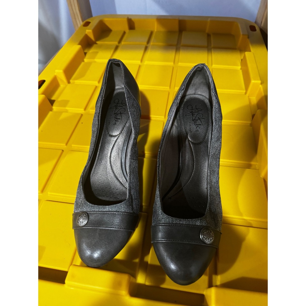 LifeStride Soft System Grey Herringbone Kitten Heel Pumps Button Detail Size 8M